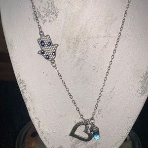 Hamsa, Heart and Blue Crystal Necklace #017